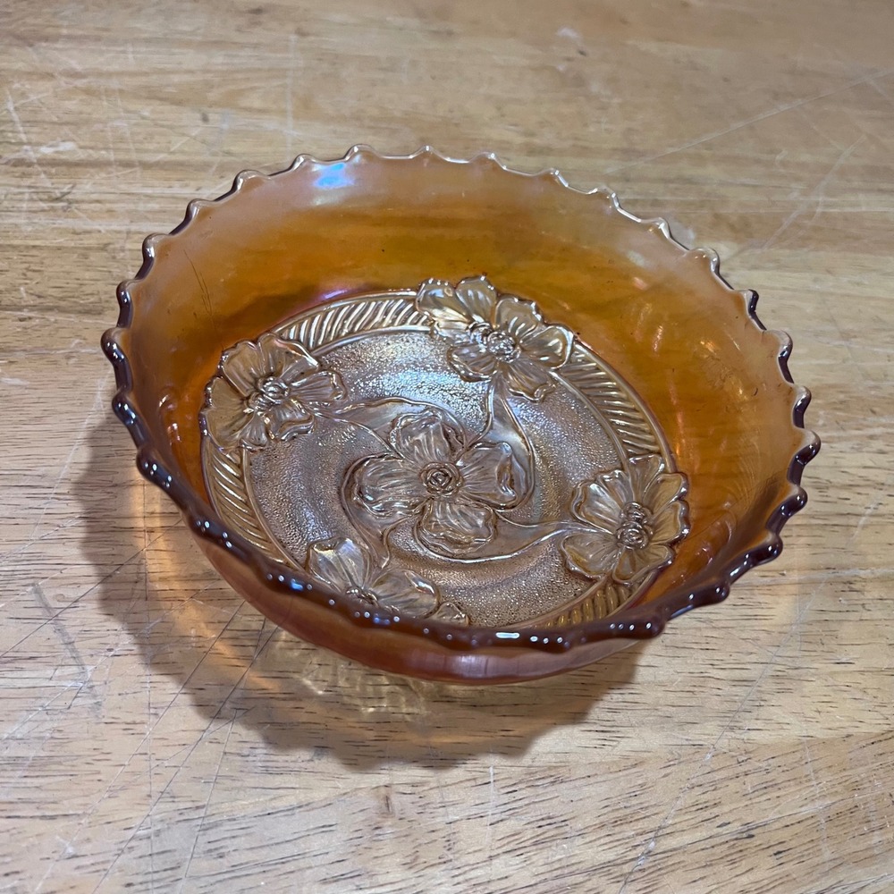 Vtg Dugan Apple Blossom Marigold Carnival Glass Bowl Iridescent Ruffled 6" MCM